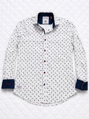 A Fish Named Fred Microphone Print Button Up Shirt Medium White Stretch Cotton